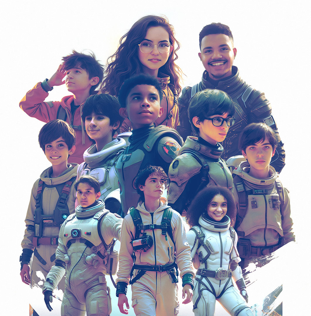 Imagem de fundo com os aprendizes como se fossem astronautas